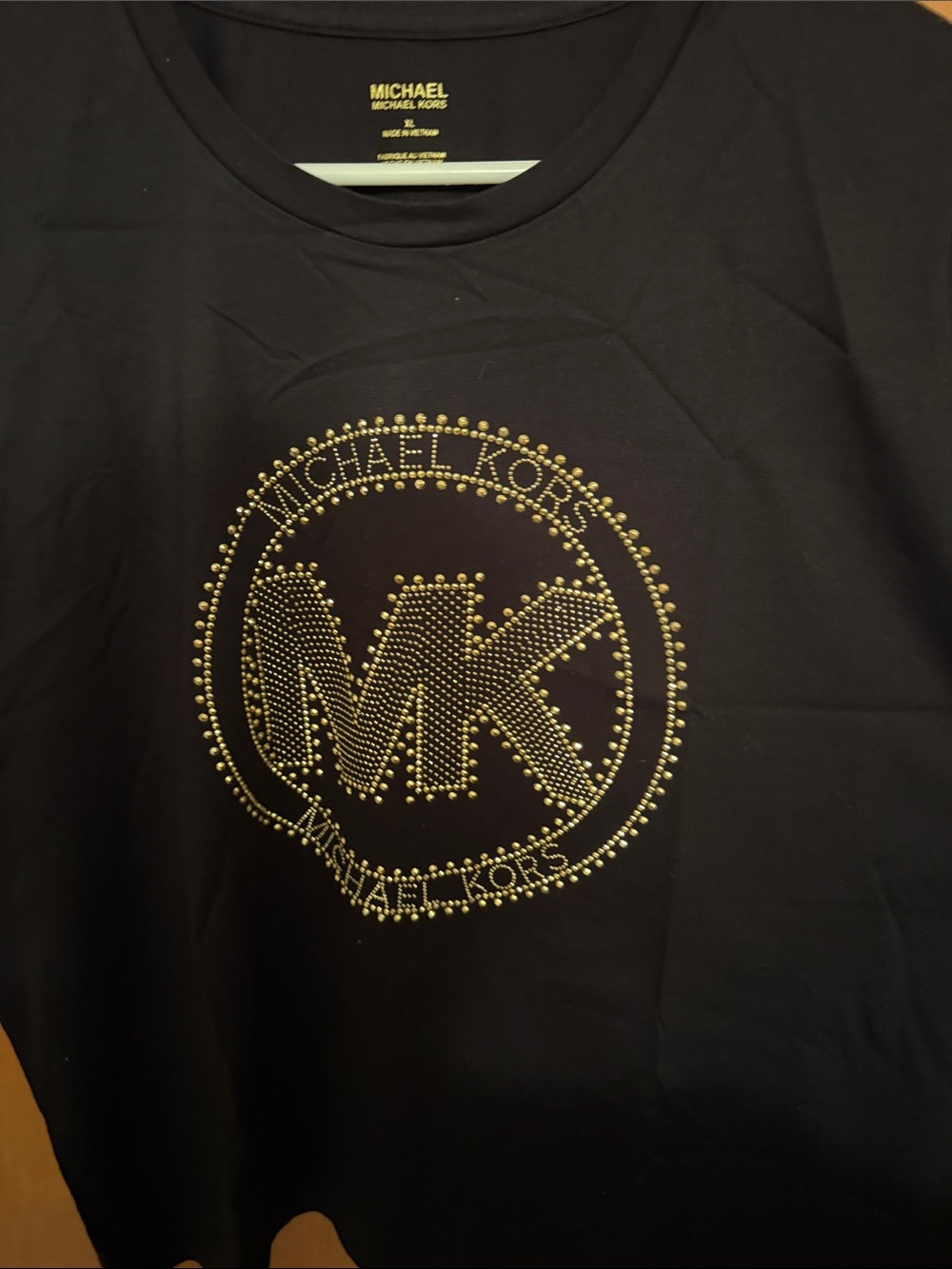 Michael Kors Black Short-Sleeve Tee with Gold Studded MK Emblem